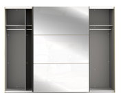 Schwebetürenschrank mit offenem Design, zwei seitlichen Fächern und einer mittleren Spiegeltür, Frontalansicht