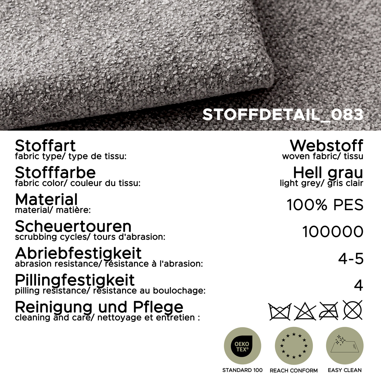 Nahaufnahme eines hellgrauen Webstoffs (100% PES) mit grober Struktur, Stoffdetail aus schräger Draufsicht; Angaben: 100.000 Scheuertouren, Abriebfestigkeit 4–5, Pillingfestigkeit 4, OEKO-TEX Standard 100, REACH conform, Easy Clean.
