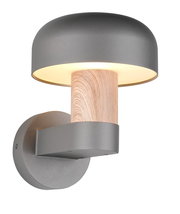 Moderne LED-Außenwandleuchte mit grauem Schirm und Holzdetail, seitliche Perspektive