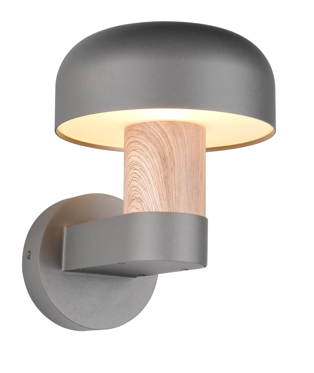 Moderne LED-buitenwandlamp met grijze kap en houten detail, zijaanzicht