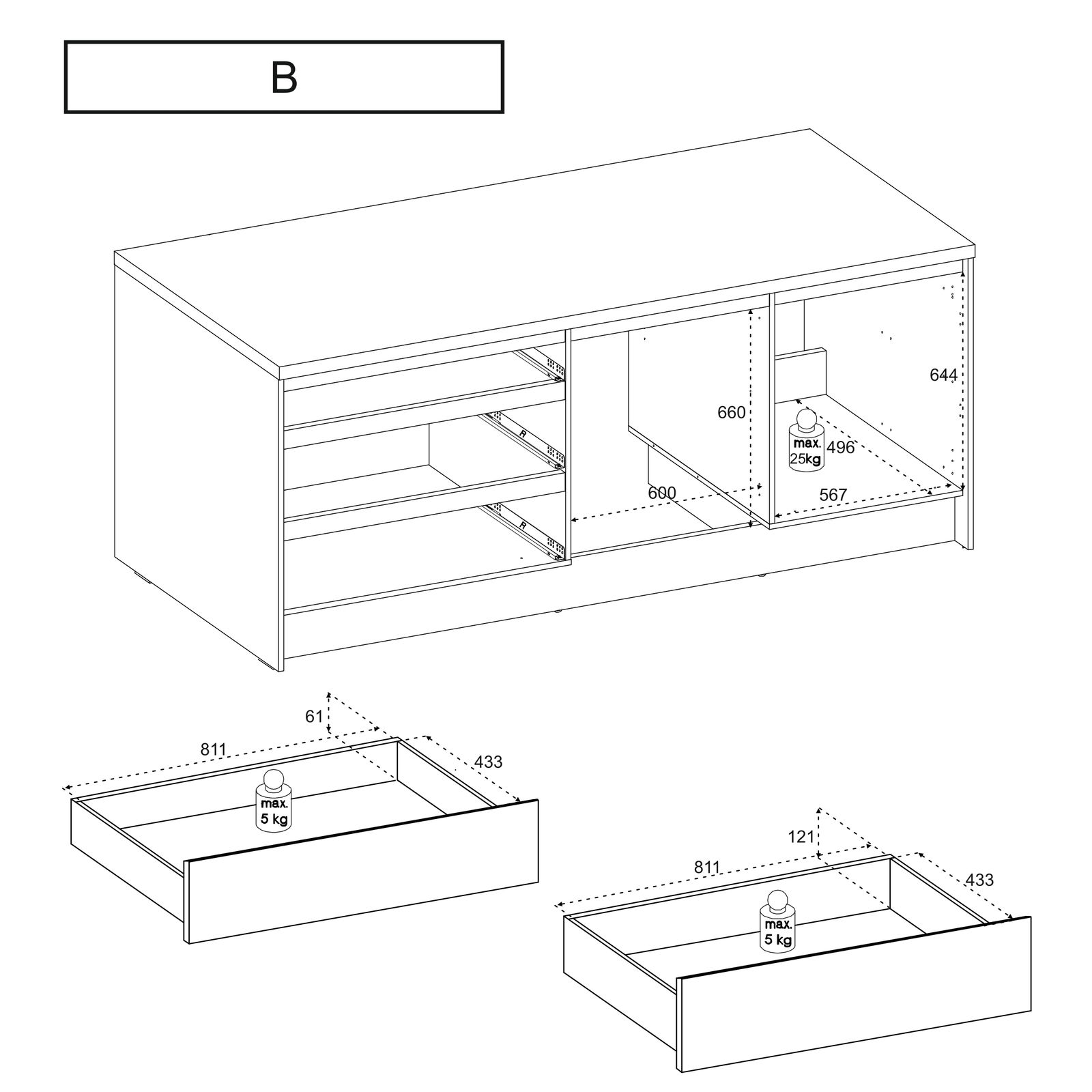 Isometrische Ansicht eines Küchenblocks mit Schubladen und Fächern, inklusive Maßangaben.