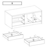 Isometrische Ansicht eines Küchenblocks mit Schubladen und Fächern, inklusive Maßangaben.