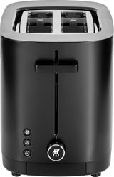 Schwarzer Toaster mit zwei Schlitzen, Vorderansicht mit Bedienelementen und Hebel.