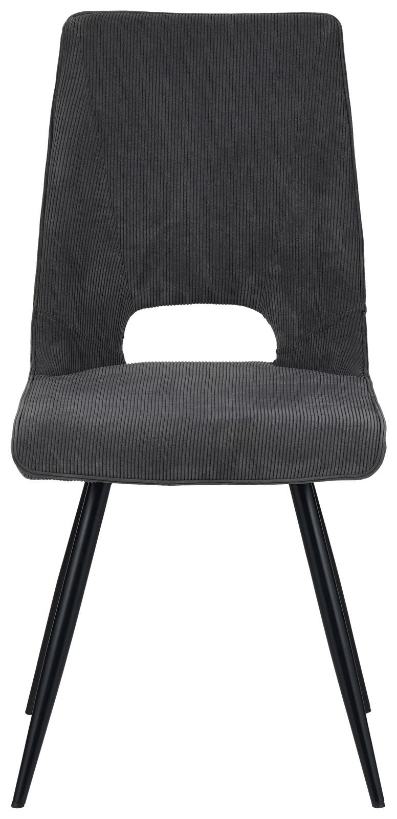 Moderner grauer Stuhl mit schwarzem Metallgestell, Vorderansicht