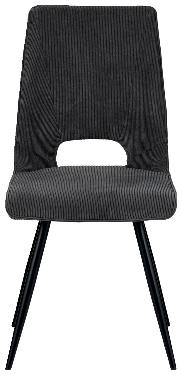 Moderne grijze stoel met zwart metalen frame, vooraanzicht