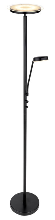 Moderne schwarze Stehleuchte mit zwei Lichtquellen, fotografiert aus einer frontalen Perspektive.