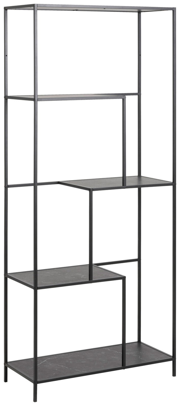 Schwarzes Metallregal mit asymmetrischen Regalböden, seitliche Perspektive