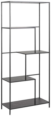 Schwarzes Metallregal mit asymmetrischen Regalböden, seitliche Perspektive