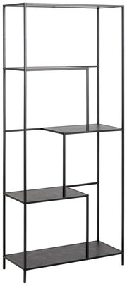 Schwarzes Metallregal mit asymmetrischen Regalböden, seitliche Perspektive
