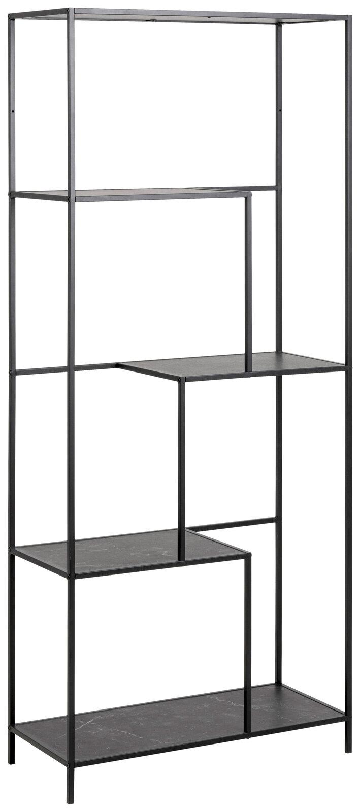 Schwarzes Metallregal mit asymmetrischen Regalböden, seitliche Perspektive