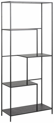 Schwarzes Metallregal mit asymmetrischen Regalböden, seitliche Perspektive