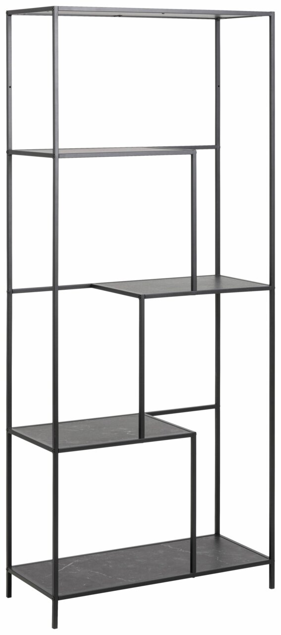 Schwarzes Metallregal mit asymmetrischen Regalböden, seitliche Perspektive