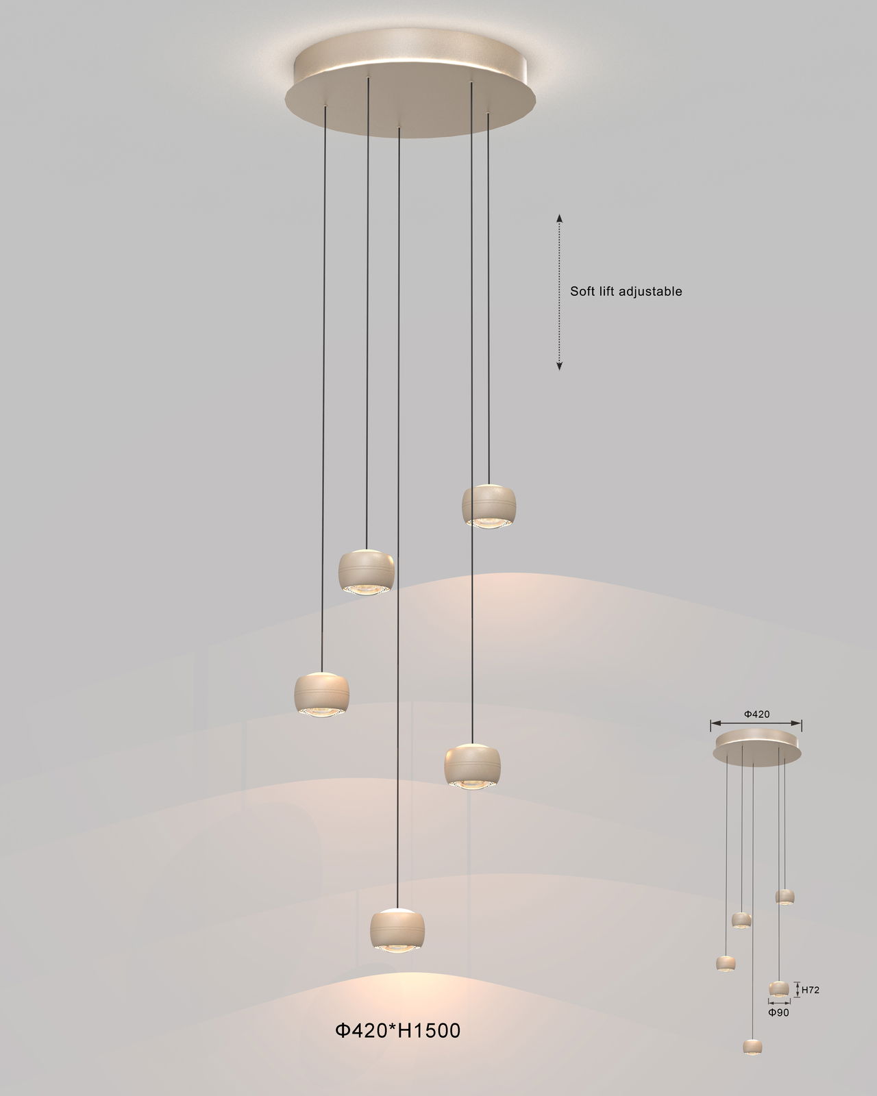 Moderne LED-Pendelleuchte mit sechs verstellbaren Leuchtkörpern, von unten betrachtet.