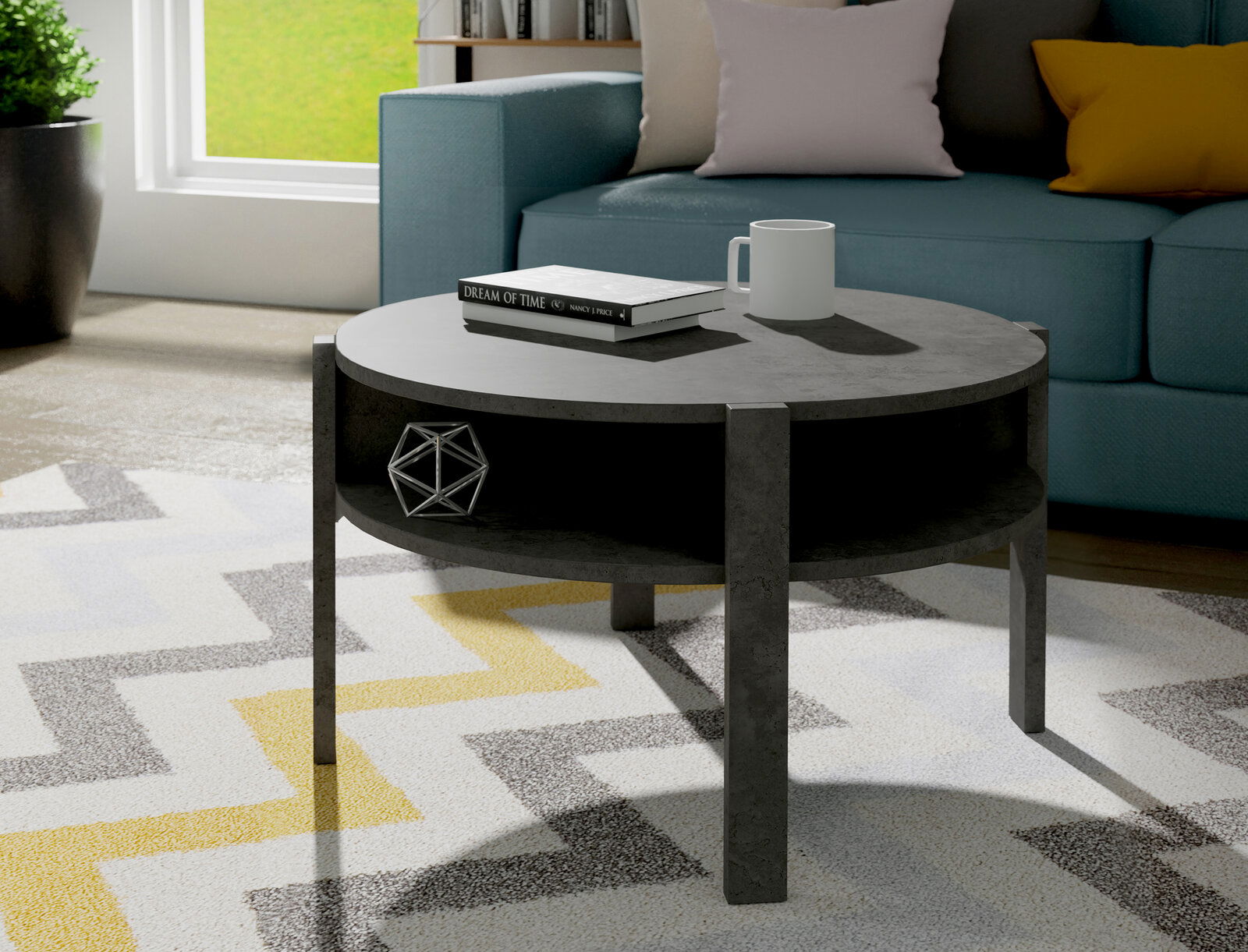 Z2 Couchtisch TOBAGO Runder Couchtisch aus dunklem Holz mit unterem Ablagefach, dekoriert mit Buch und Tasse, in einem modernen Wohnzimmer mit Sofa und Teppich, seitliche Perspektive