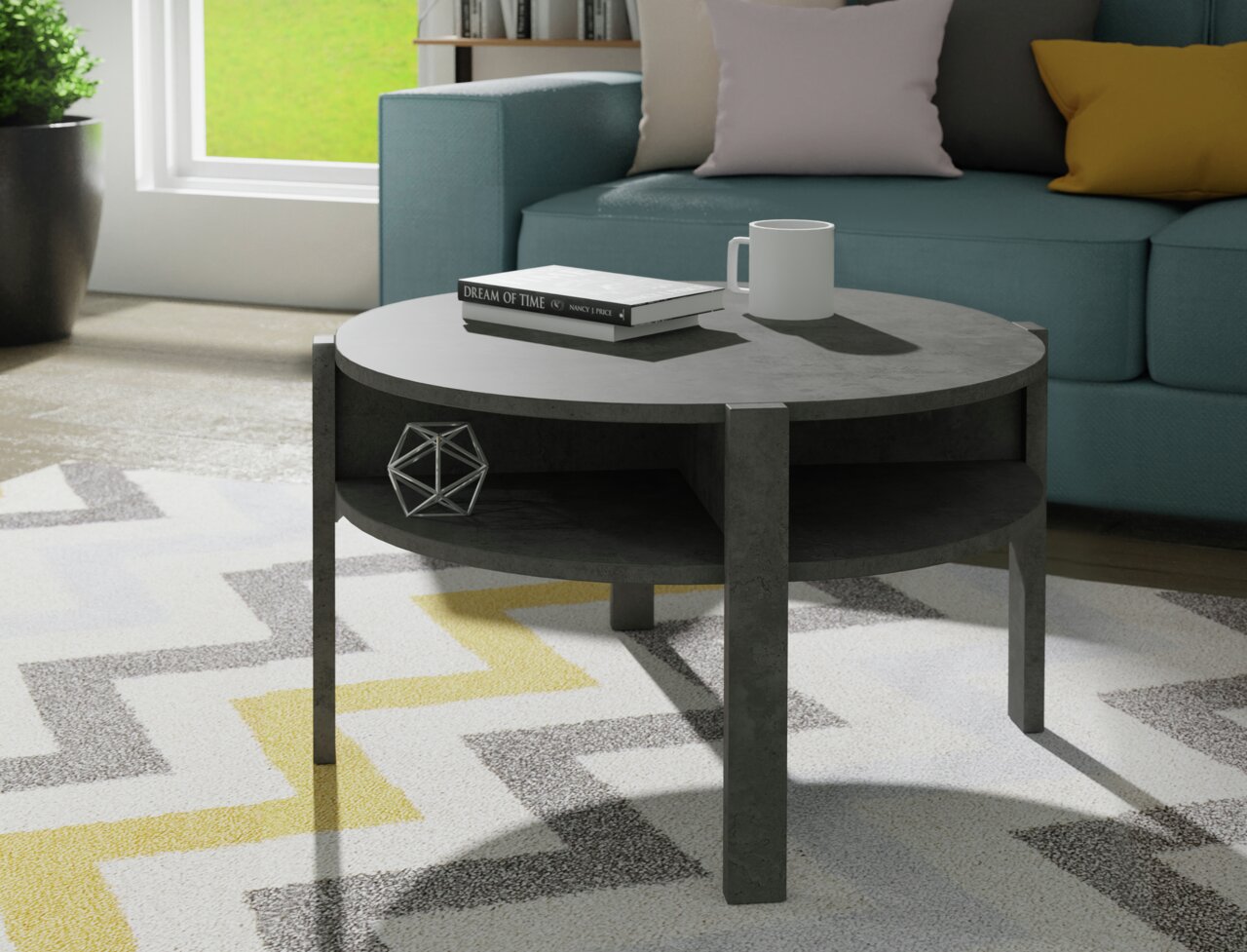 Z2 Couchtisch TOBAGO Runder Couchtisch aus dunklem Holz mit unterem Ablagefach, dekoriert mit Buch und Tasse, in einem modernen Wohnzimmer mit Sofa und Teppich, seitliche Perspektive