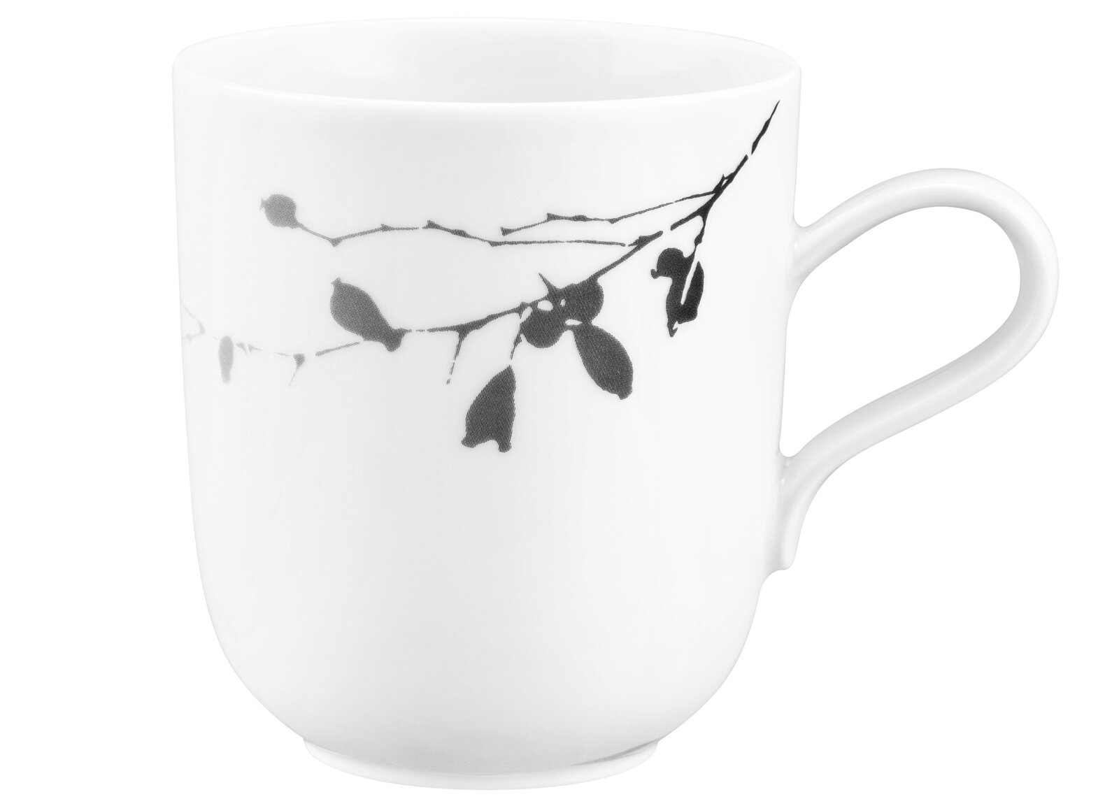 Seltmann Weiden Kaffeebecher LIBERTY DARK ROSE Weiße Tasse mit Henkel und schwarzem Zweigmotiv, seitliche Perspektive