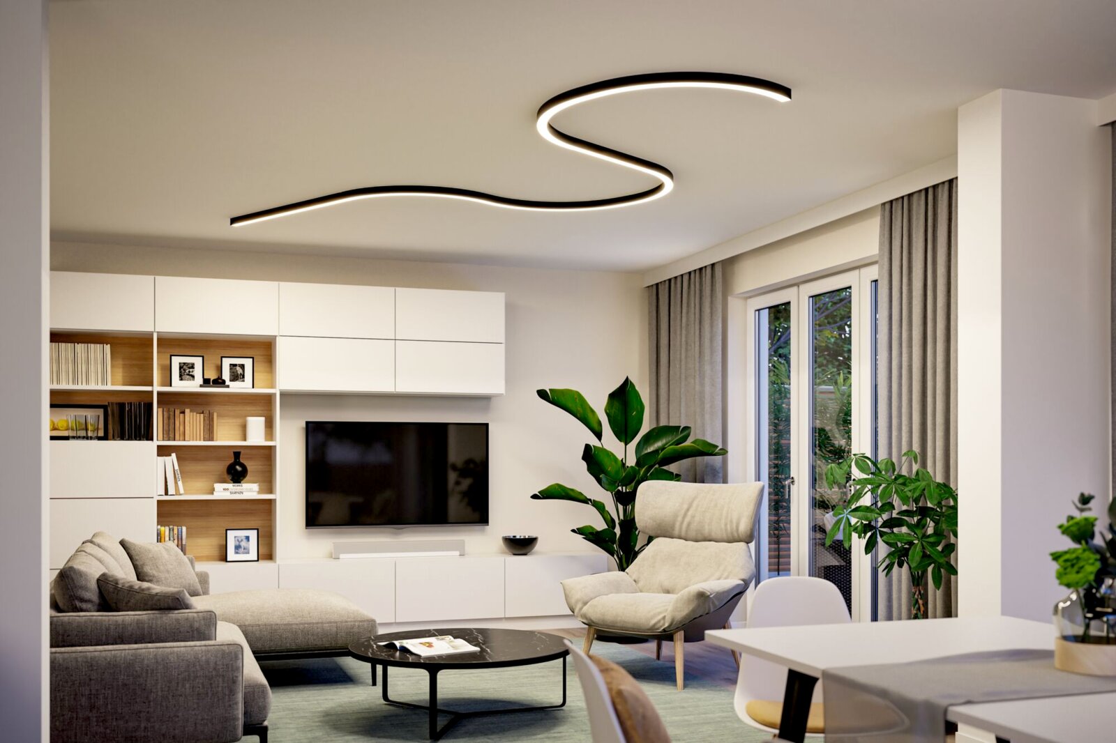 Moderne, wellenförmige LED-Deckenleuchte in Schwarz mit warmweißem Licht im Wohnzimmer, Ansicht schräg von unten zur Decke