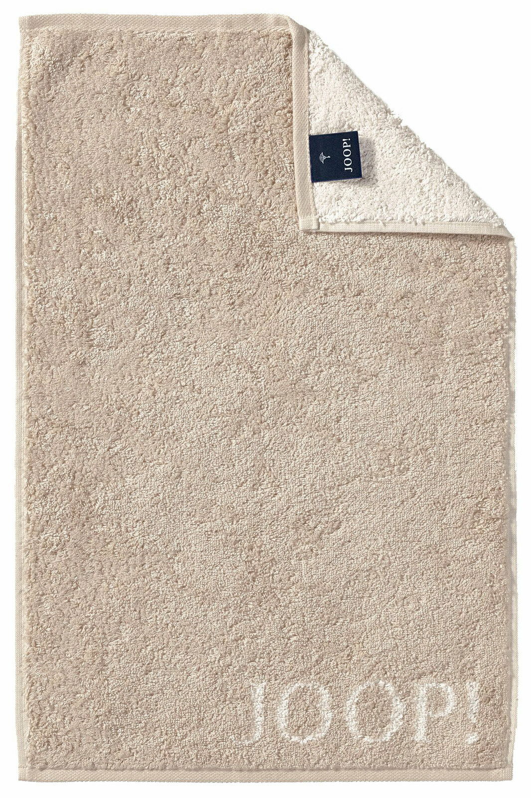 Beiges Gästetuch mit eingewebtem 'JOOP!' Logo, von oben fotografiert, mit umgeschlagener Ecke, die das Etikett zeigt.