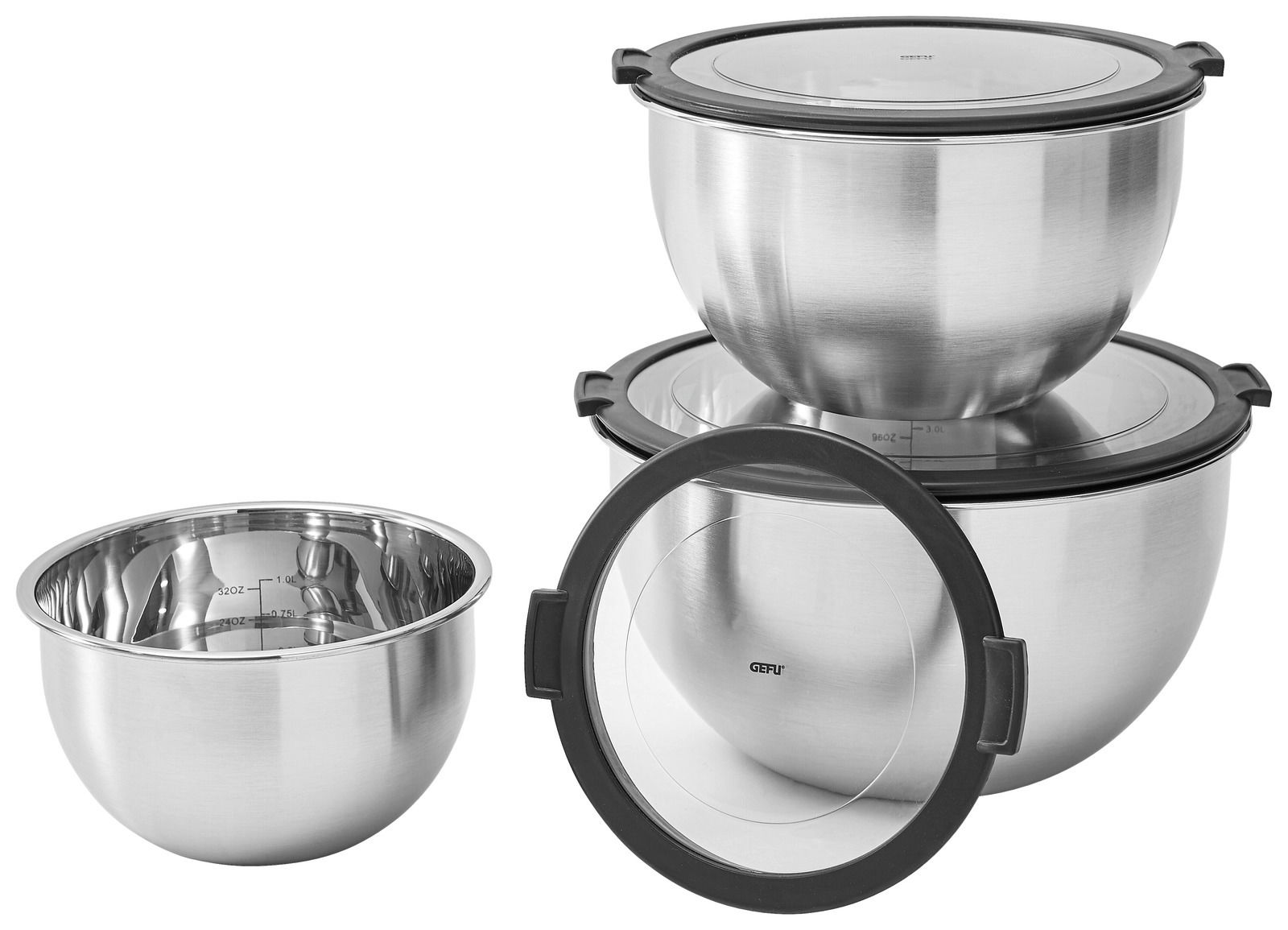 Dreiteiliges Schüssel-Set Mondi aus Edelstahl mit transparenten Deckeln, seitliche Perspektive.