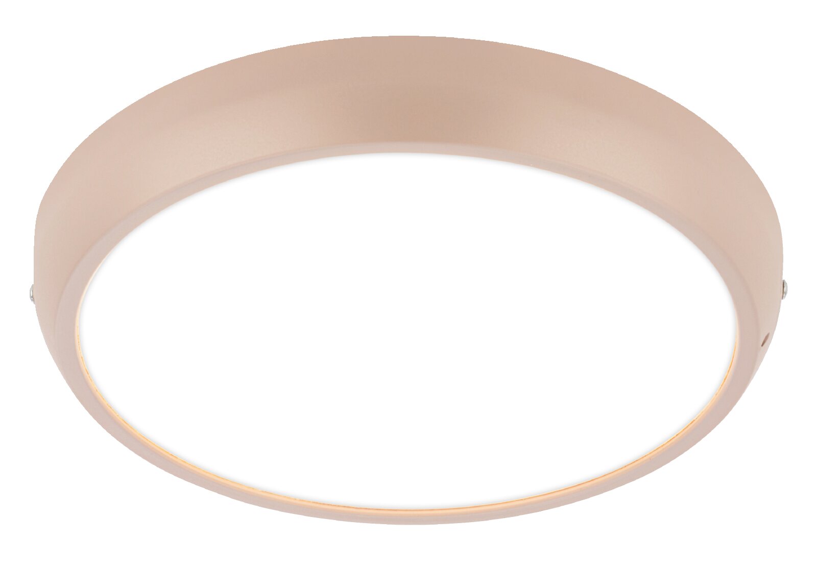 Ronde plafondlamp met witte diffuser en beige rand, gezien van onderaf in licht schuin perspectief