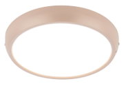 Ronde plafondlamp met witte diffuser en beige rand, gezien van onderaf in licht schuin perspectief