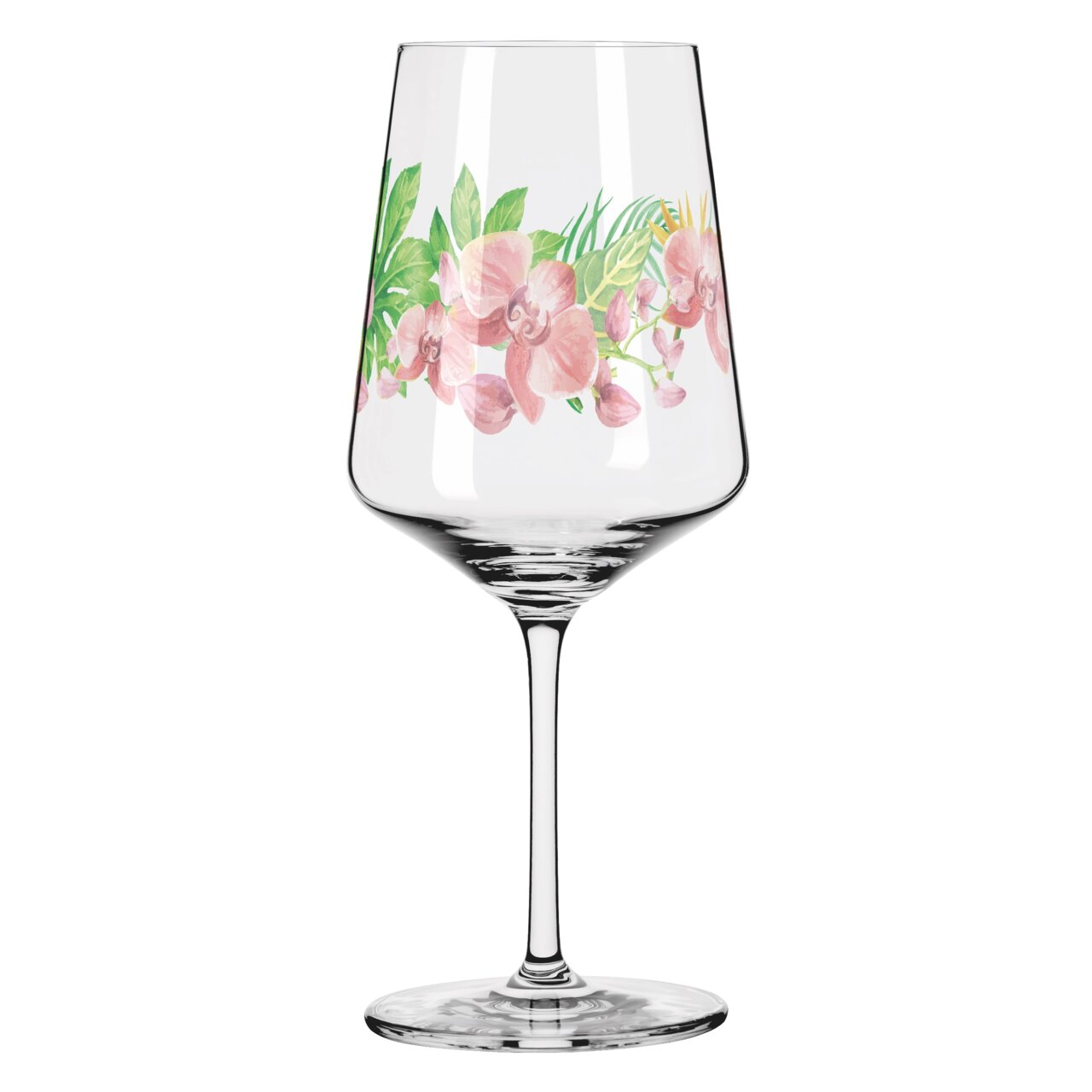 Weinglas mit floralem Muster in Rosa und Grün, seitliche Perspektive