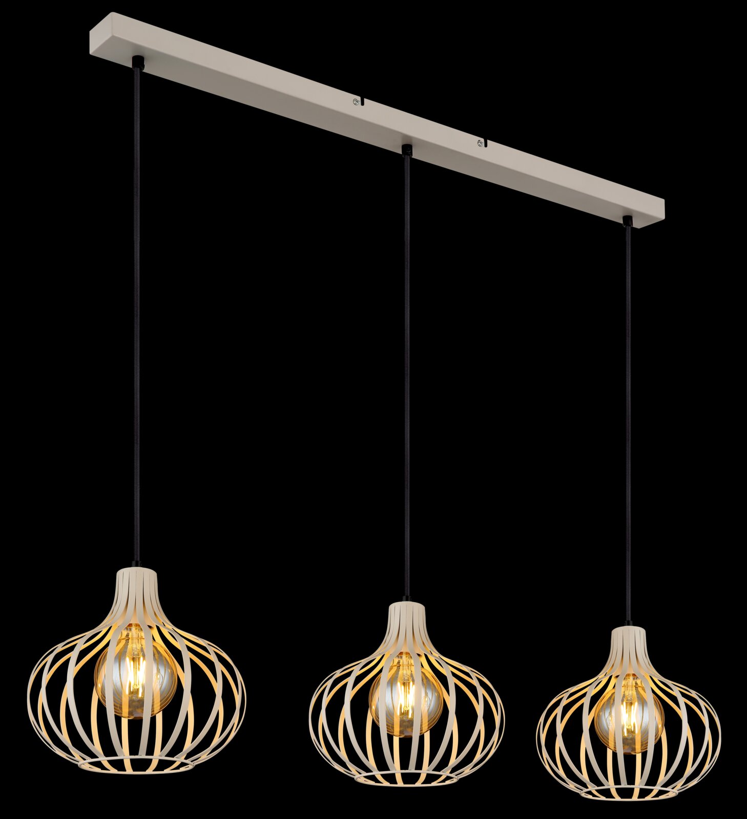 Moderne hanglamp met drie bolvormige, open lampenkappen van metaal met een draadachtige look, gezien vanaf de voorkant.
