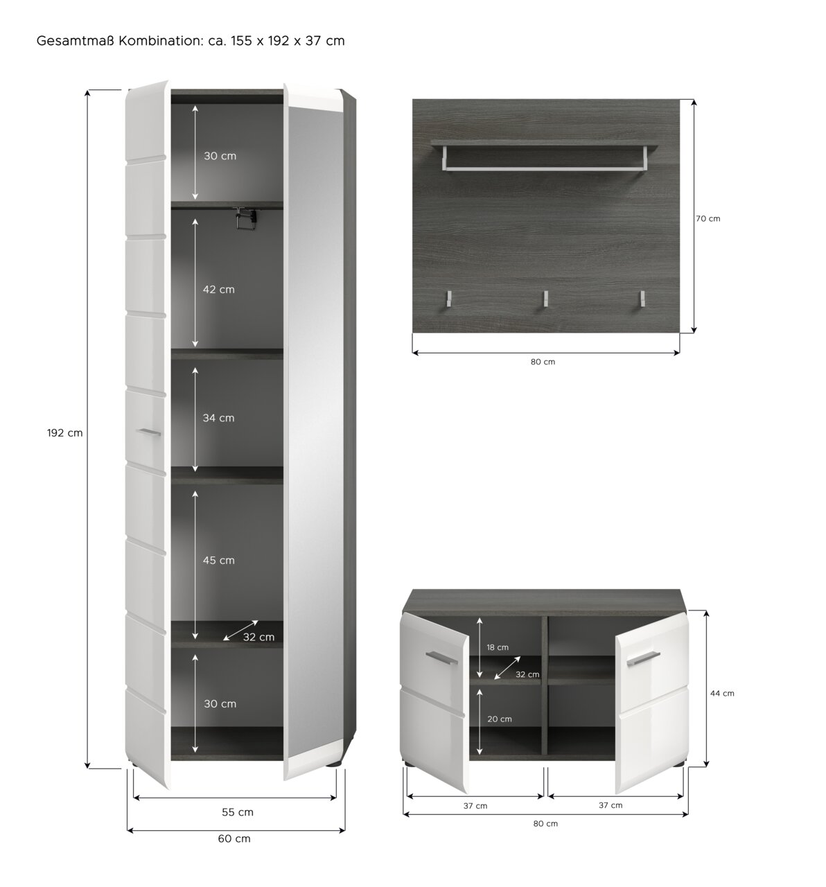 Garderobenkombination bestehend aus einem hohen Schrank mit mehreren Fächern, einer Wandgarderobe mit Haken und einem niedrigen Schrank mit Türen, aus der Frontansicht.