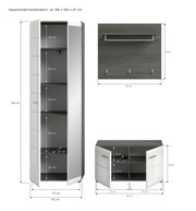 Garderobenkombination bestehend aus einem hohen Schrank mit mehreren Fächern, einer Wandgarderobe mit Haken und einem niedrigen Schrank mit Türen, aus der Frontansicht.