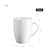 Weiße Keramiktasse (310 ml) mit Henkel, Produktansicht schräg von vorn; Maße ca. 10 cm hoch und 7,5 cm Durchmesser, 6er-Set