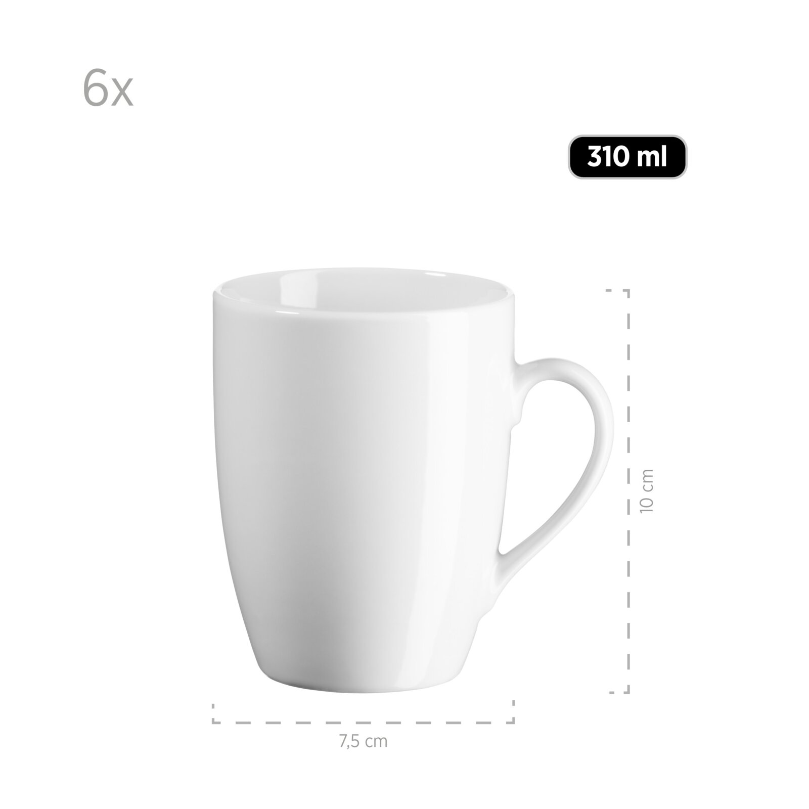 Weiße Keramiktasse (310 ml) mit Henkel, Produktansicht schräg von vorn; Maße ca. 10 cm hoch und 7,5 cm Durchmesser, 6er-Set