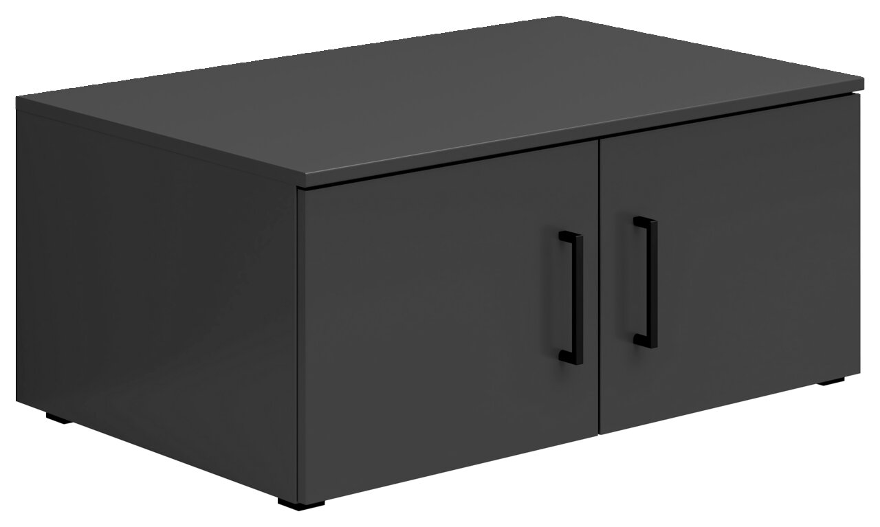 Carryhome Opzetkast MULTISTAURAUM Schwarzer Aufsatzschrank mit zwei Türen und schwarzen Griffen, perspektivisch von vorne links gesehen.