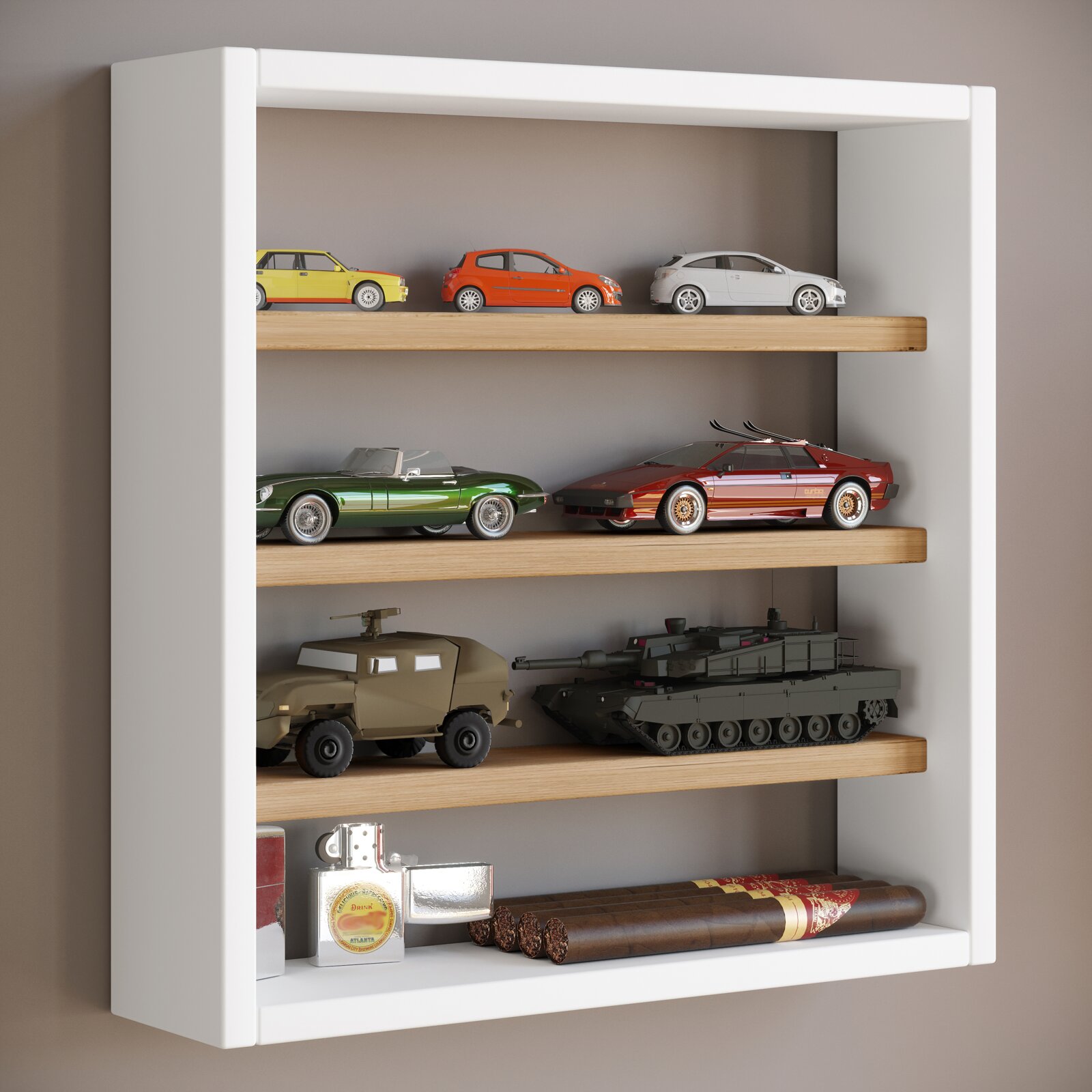 Weißes Wandregal mit Holzablagen und Modellfahrzeugen (Autos, Panzer) sowie Zigarren und Feuerzeug, Ansicht schräg von vorn