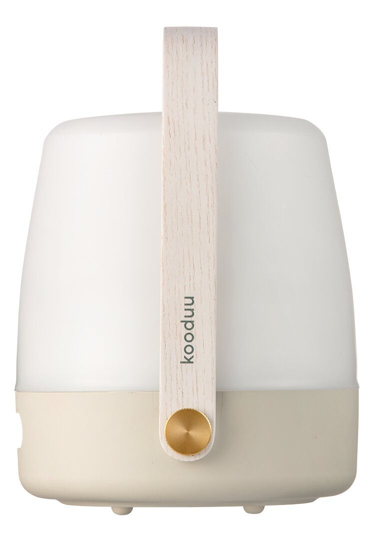 Frontansicht einer modernen, tragbaren Lampe mit Holzgriff und minimalistischem Design.