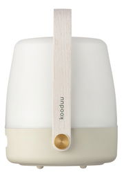 Frontansicht einer modernen, tragbaren Lampe mit Holzgriff und minimalistischem Design.