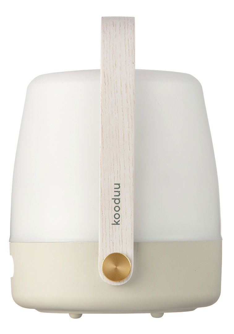 Frontansicht einer modernen, tragbaren Lampe mit Holzgriff und minimalistischem Design.