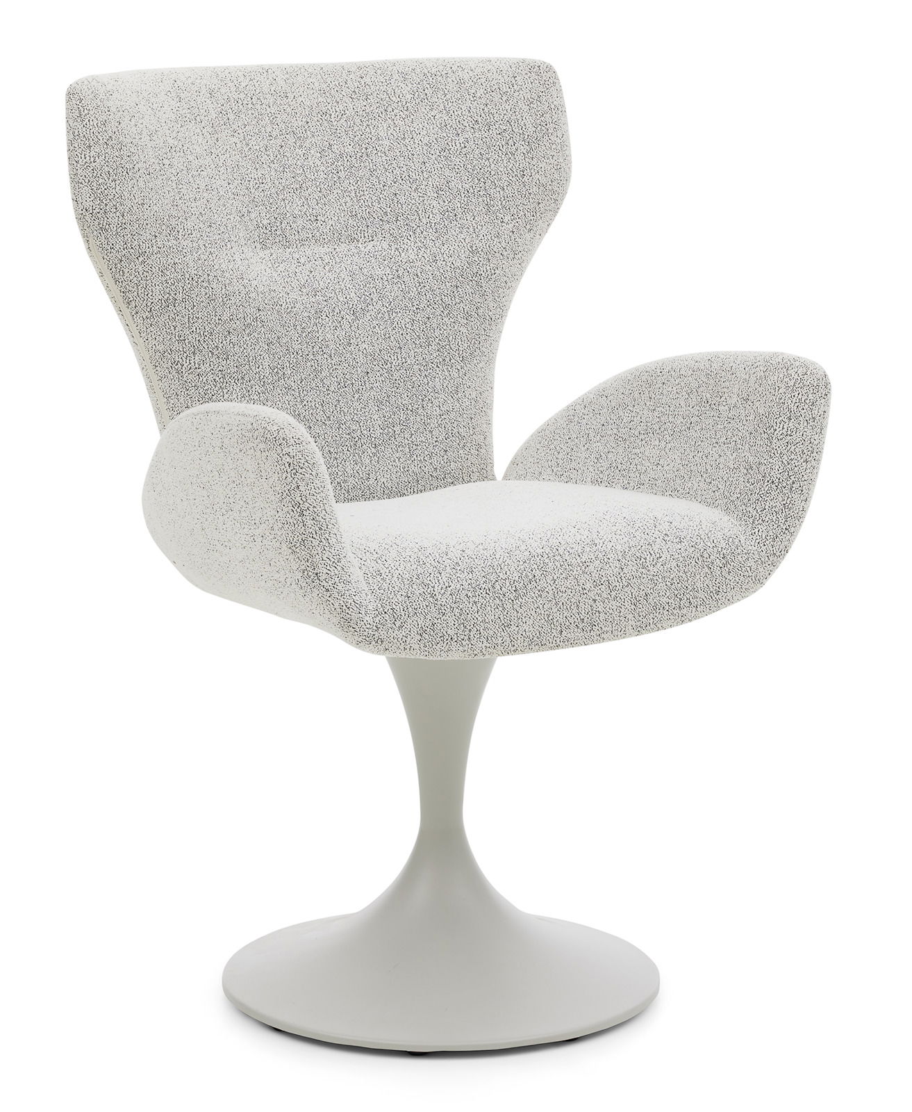 Moderner Armlehnstuhl mit grauem Stoffbezug und elegantem, weißem Standfuß, seitliche Perspektive