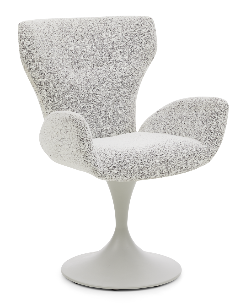 Moderner Armlehnstuhl mit grauem Stoffbezug und elegantem, weißem Standfuß, seitliche Perspektive