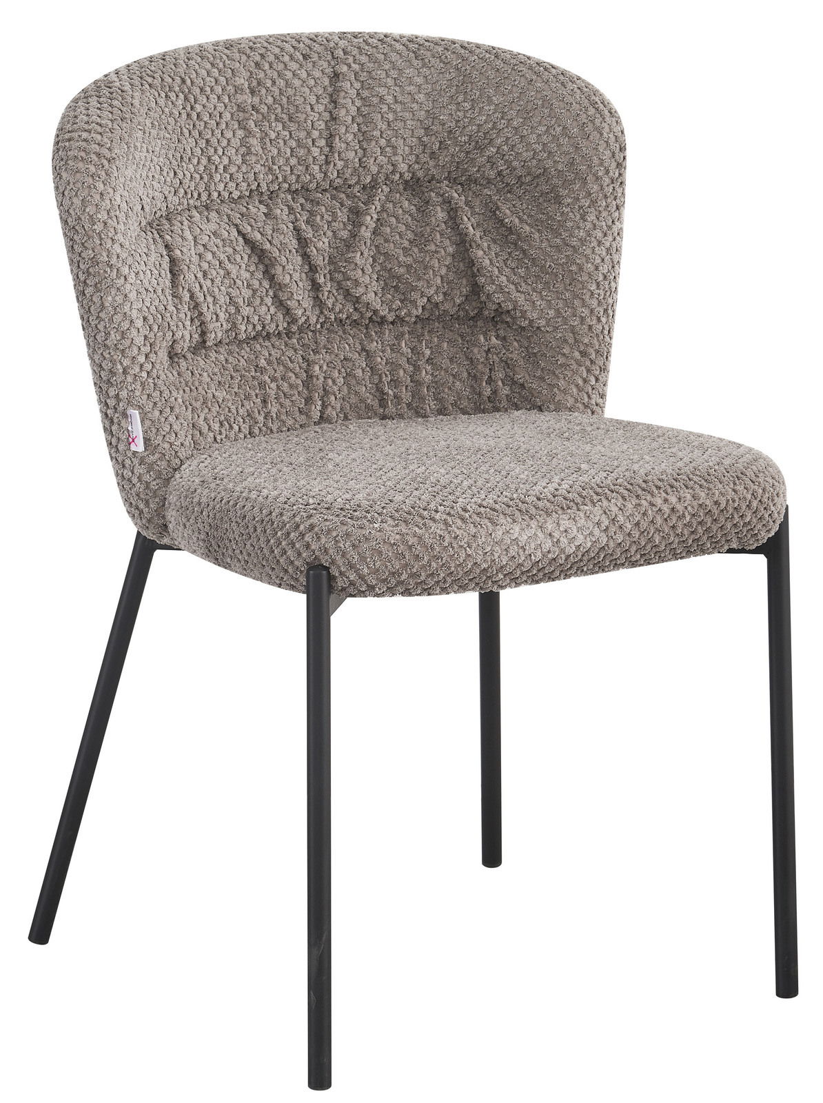 Moderner Stuhl mit gepolsterter, strukturierter Sitzfläche und Rückenlehne in Beige, schwarzes Metallgestell, seitliche Perspektive