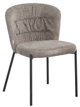 Moderner Stuhl mit gepolsterter, strukturierter Sitzfläche und Rückenlehne in Beige, schwarzes Metallgestell, seitliche Perspektive