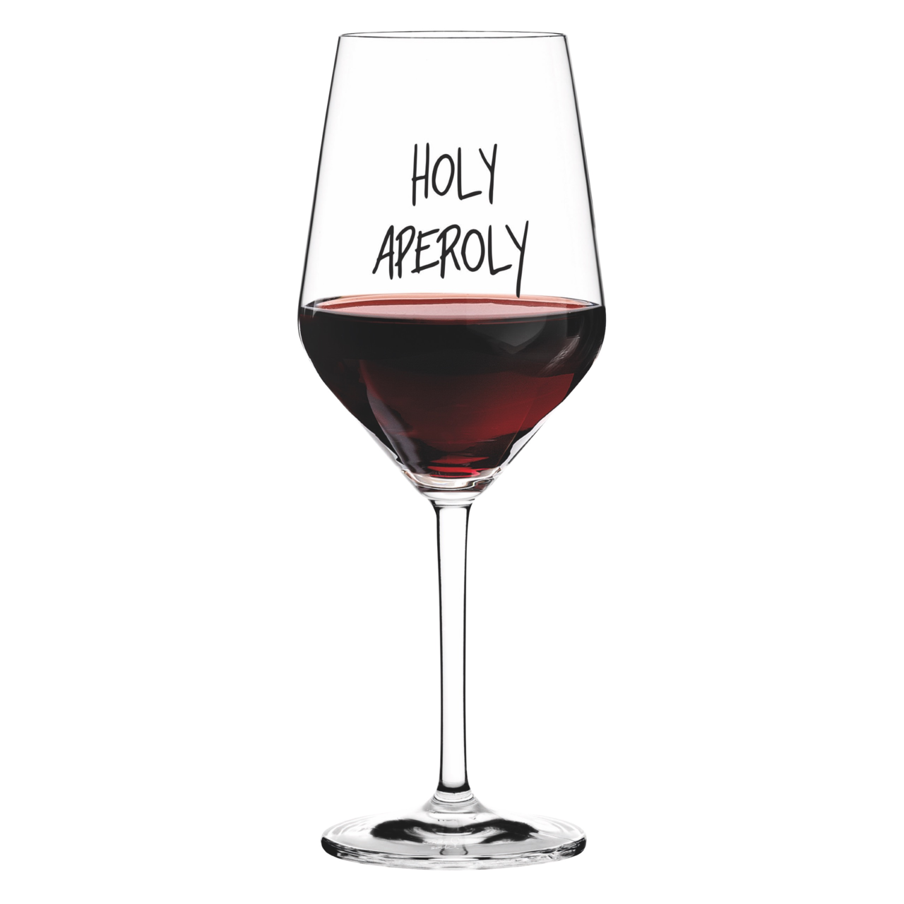 Weinglas mit der Aufschrift 'Holy Aperoly', gefüllt mit Rotwein, frontal abgebildet.