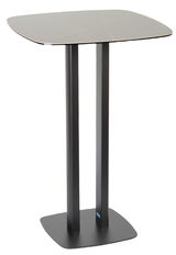 Moderner Bartisch mit quadratischer Tischplatte und zwei stabilen, schwarzen Beinen, seitliche Perspektive