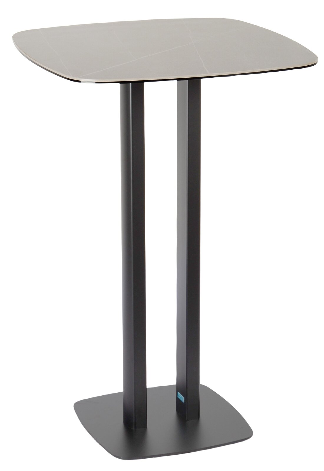 Novel Bartisch GIO Moderner Bartisch mit quadratischer Tischplatte und zwei stabilen, schwarzen Beinen, seitliche Perspektive