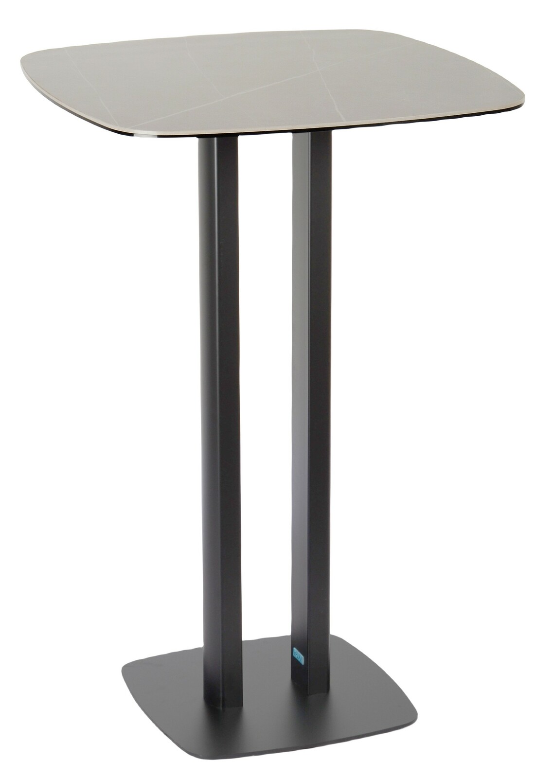 Moderner Bartisch mit quadratischer Tischplatte und zwei stabilen, schwarzen Beinen, seitliche Perspektive