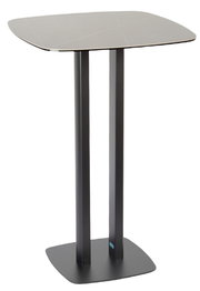 Moderner Bartisch mit quadratischer Tischplatte und zwei stabilen, schwarzen Beinen, seitliche Perspektive