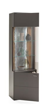 Vitrine TACOMA von Musterring, Ansicht von vorne links, mit Glasregalen und dekorativen Objekten.