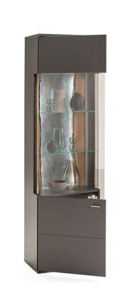 Vitrine TACOMA von Musterring, Ansicht von vorne links, mit Glasregalen und dekorativen Objekten.