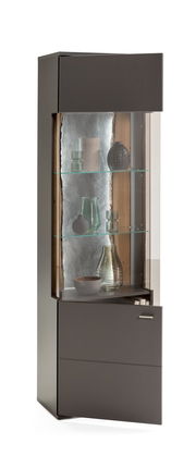 Vitrine TACOMA von Musterring, Ansicht von vorne links, mit Glasregalen und dekorativen Objekten.