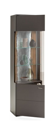 Vitrine TACOMA von Musterring, Ansicht von vorne links, mit Glasregalen und dekorativen Objekten.