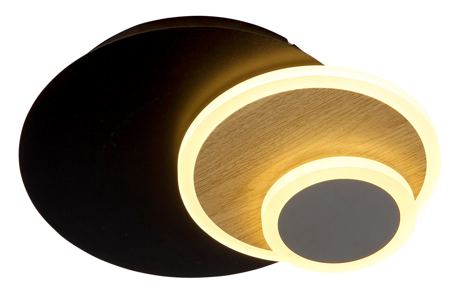 Moderne runde LED-Deckenleuchte in Schwarz mit Holzoptik und zwei leuchtenden Ringen, warmweißes Licht, schräg von unten im 3/4-Winkel fotografiert